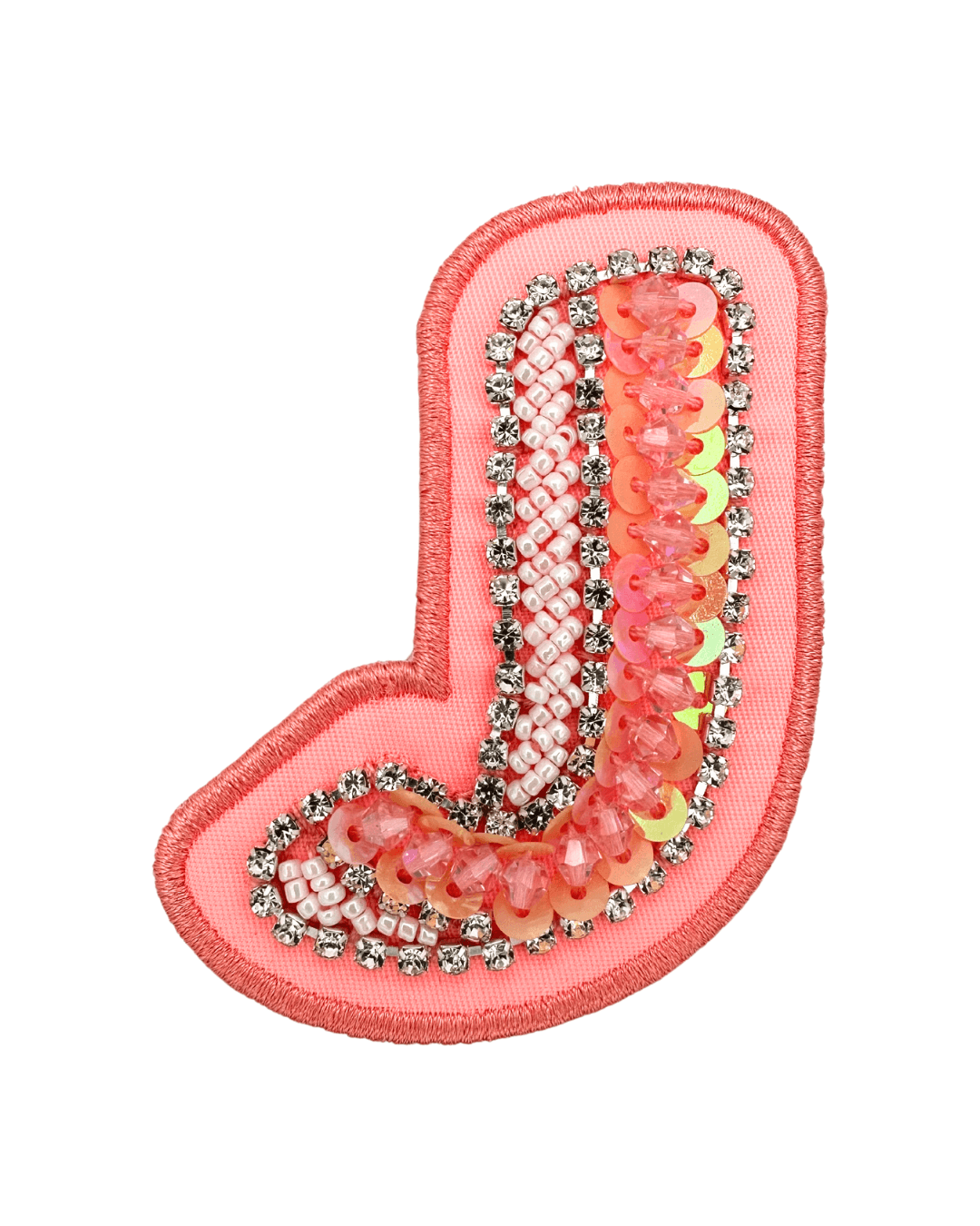 pink fabric letter patch with sequins, beads, and rhinestone embellishments
