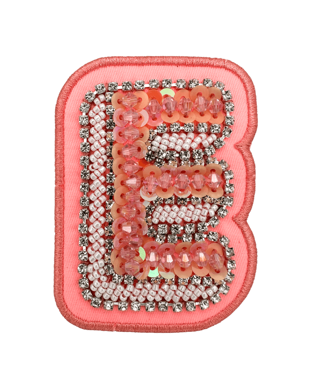 Pink embroidered letter patch with sequins, beads, and rhinestone embellishments