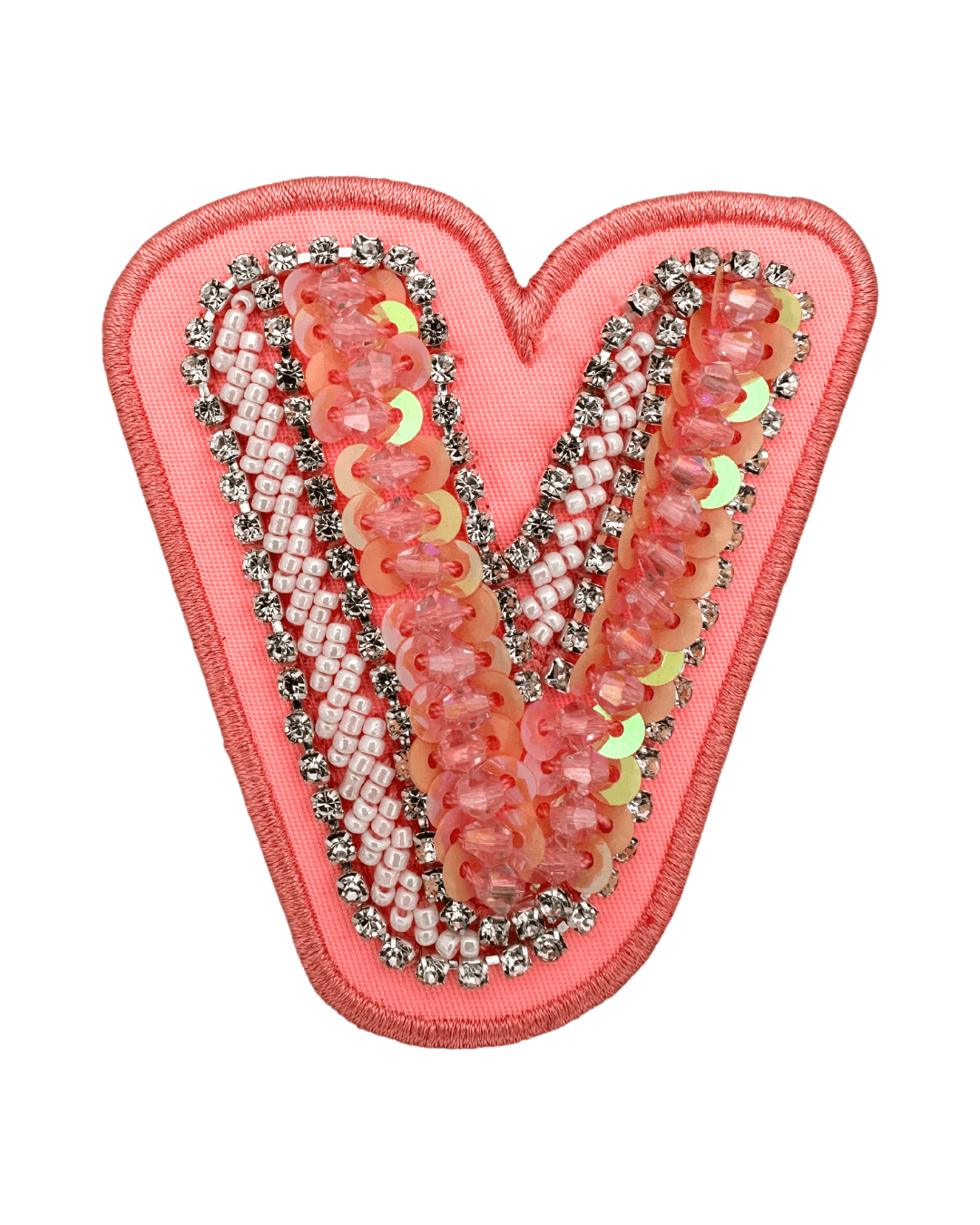 pink fabric letter patch embellished with sequins, beads, and rhinestones