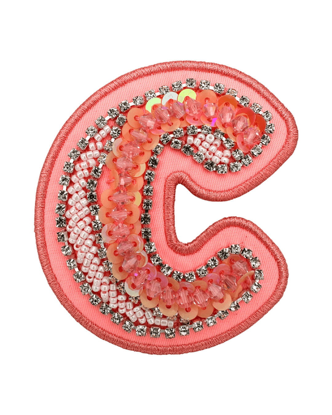 Pink embroidered letter C patch with beads, sequins, and rhinestone embellishments