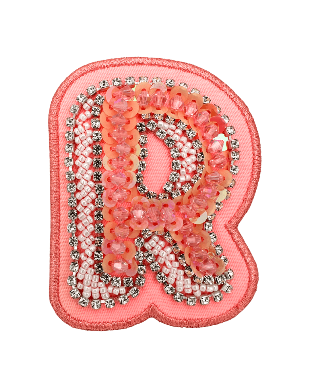 pink fabric letter patch with beaded and sequin embellishments