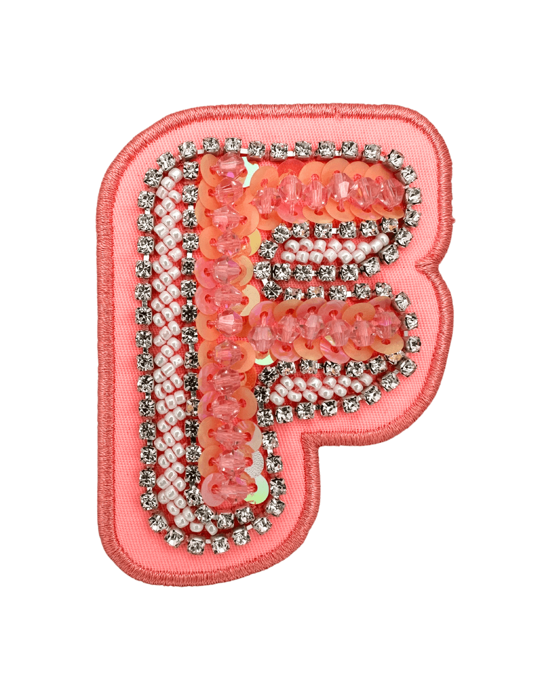 Pink fabric letter patch with sequins, beads, and rhinestone embellishments