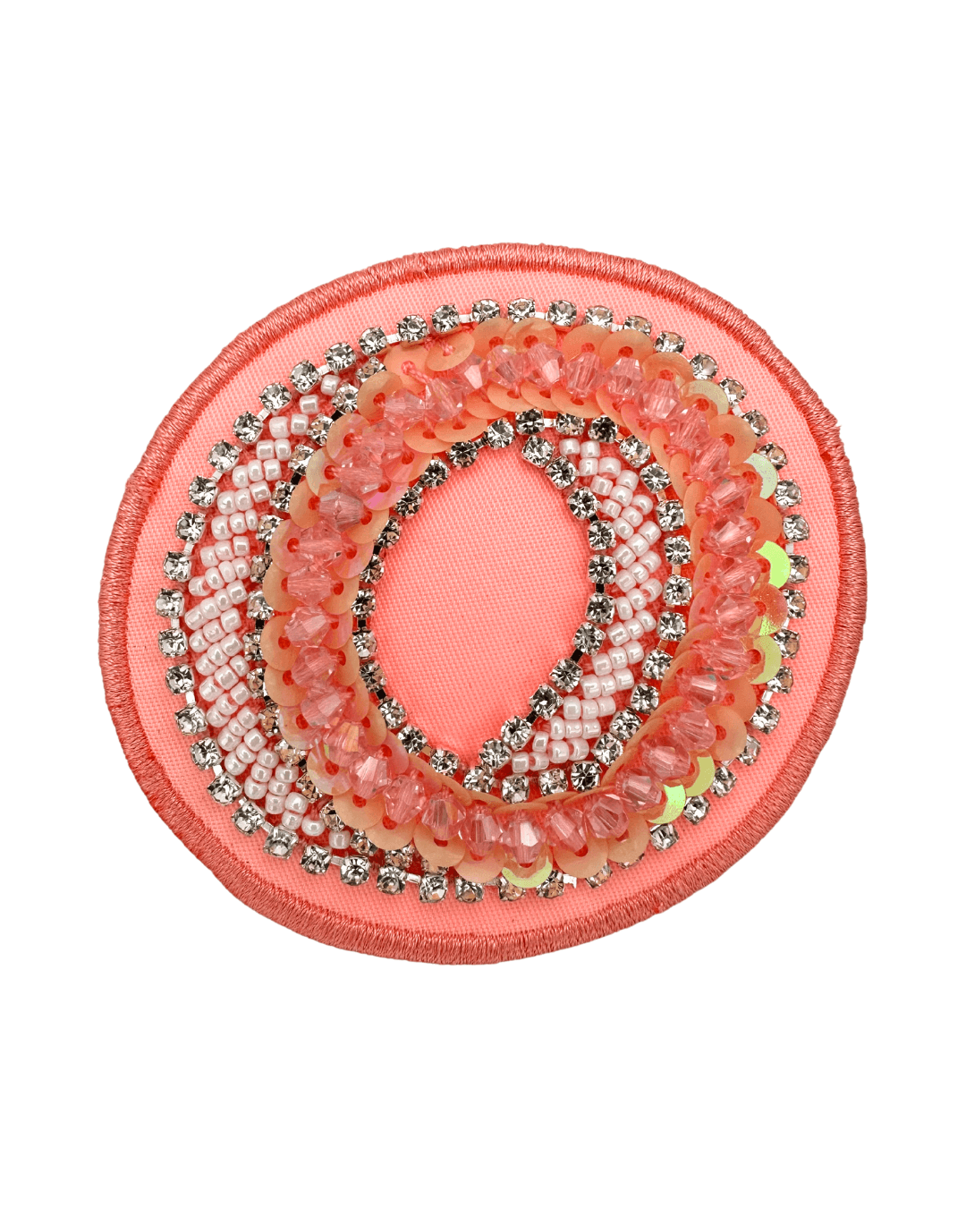 Embellished fabric letter patch in peach with sequins, beads, and rhinestones on white background