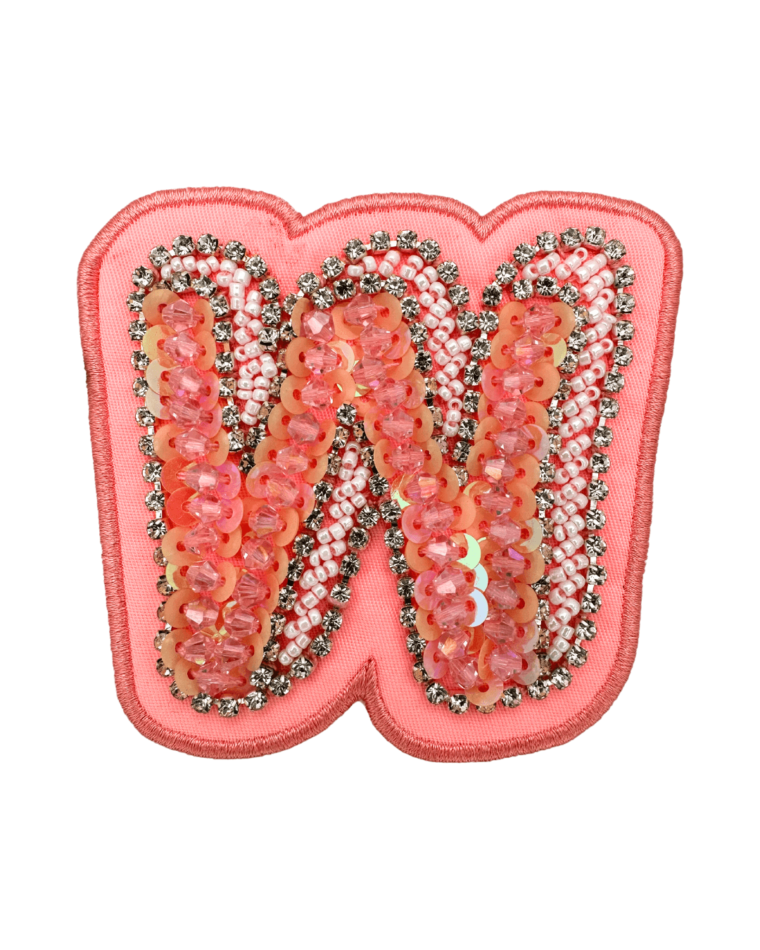 Pink embroidered fabric letter patch with sequins, beads, and rhinestone accents
