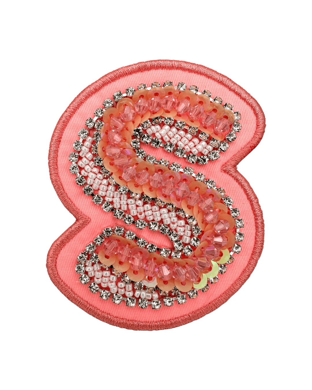 pink fabric letter S patch with bead and sequin embellishments on white background