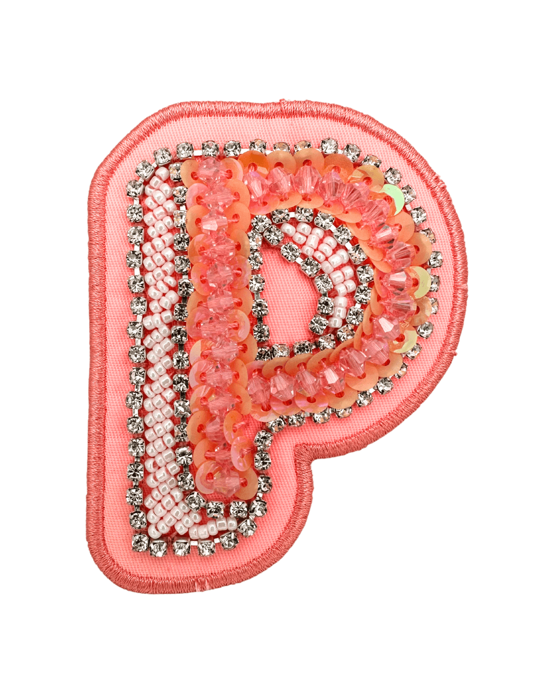 pink fabric letter patch decorated with beads, sequins, and rhinestones