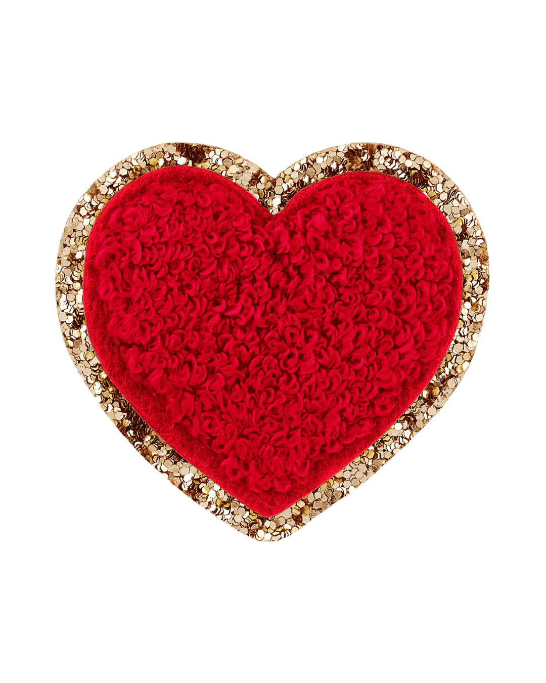 red textured heart patch with gold glitter border on white background