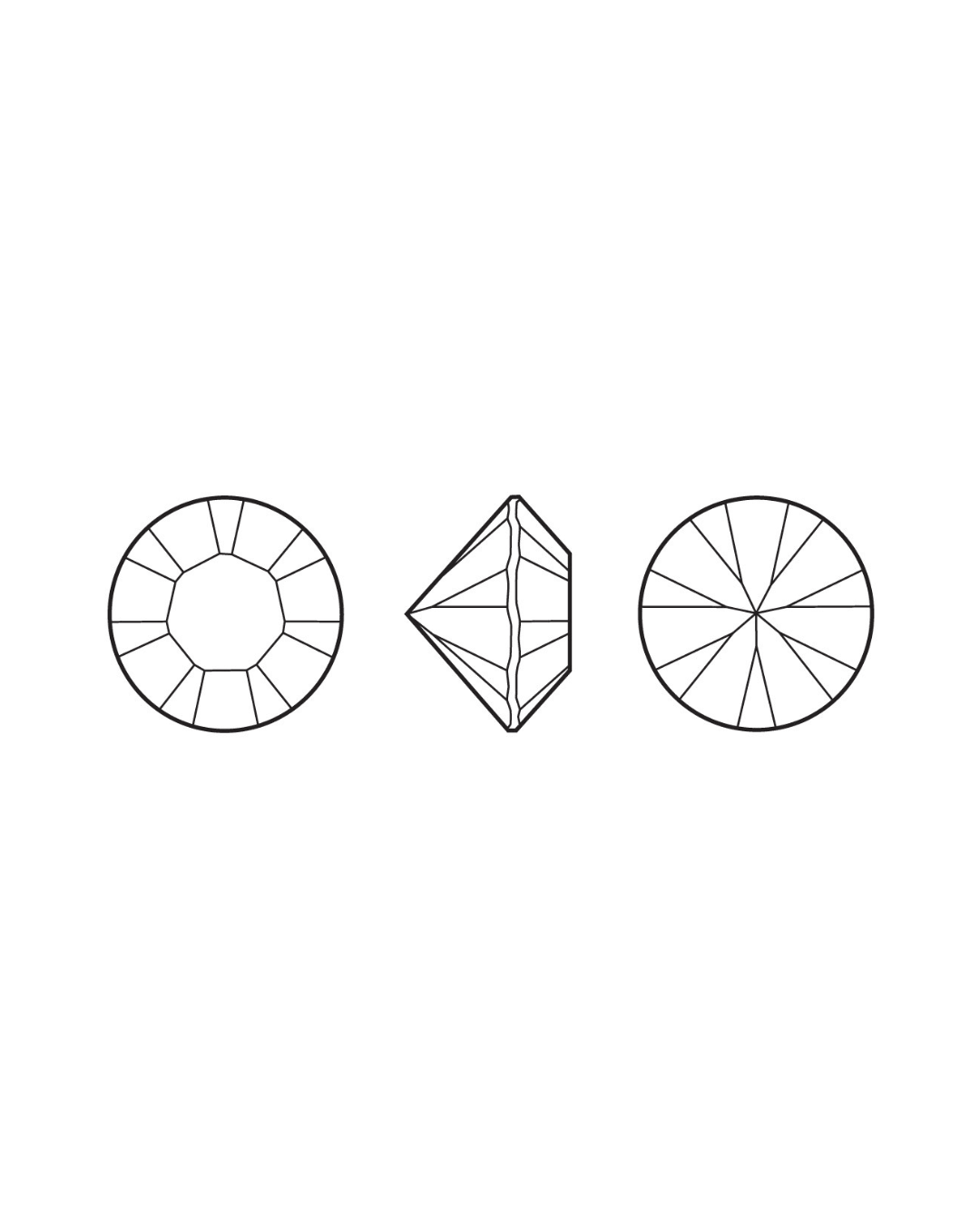 Line drawings of a round faceted crystal viewed from top, side, and bottom on a white background.