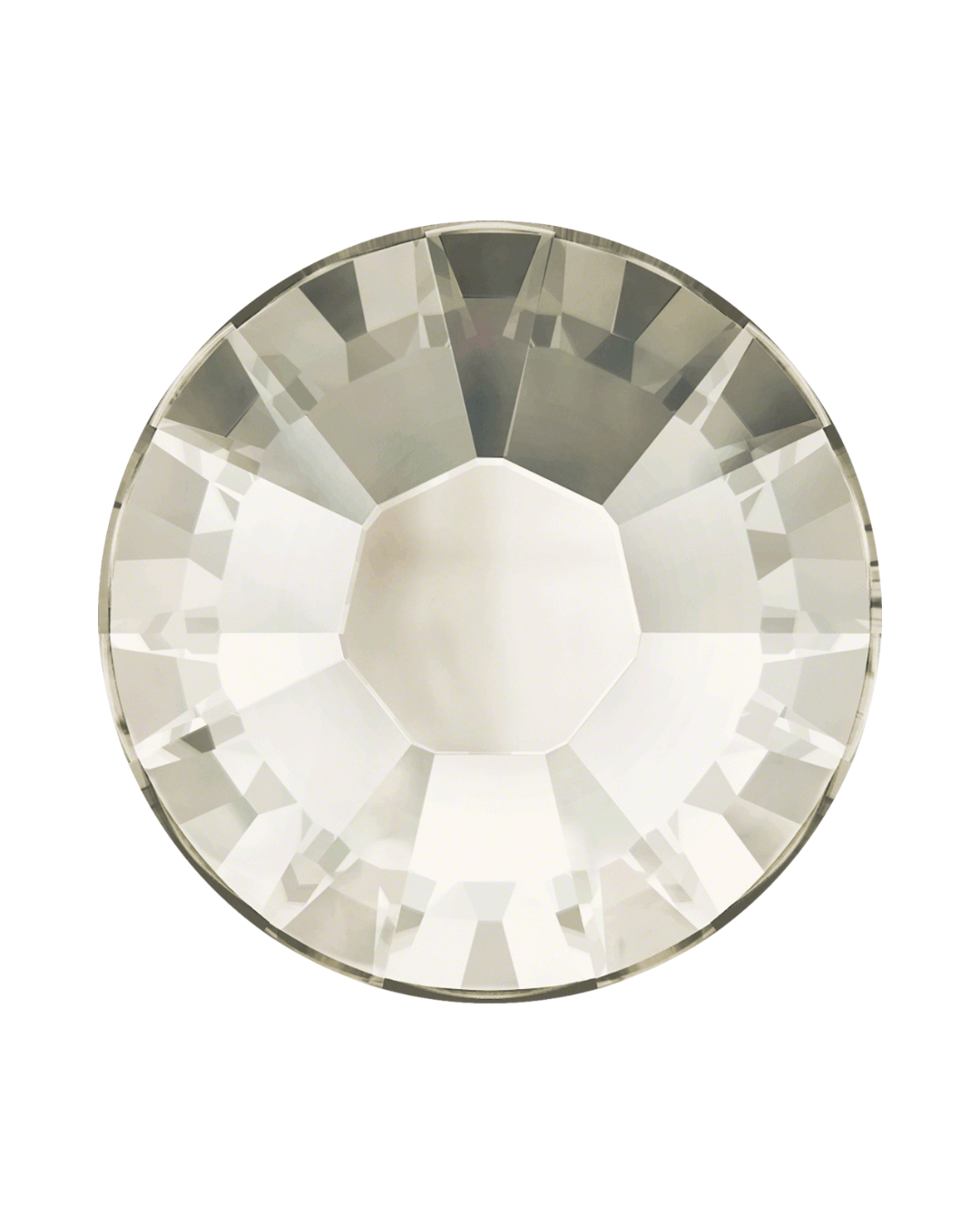 Round clear faceted crystal rhinestone with a silver shade on a white background