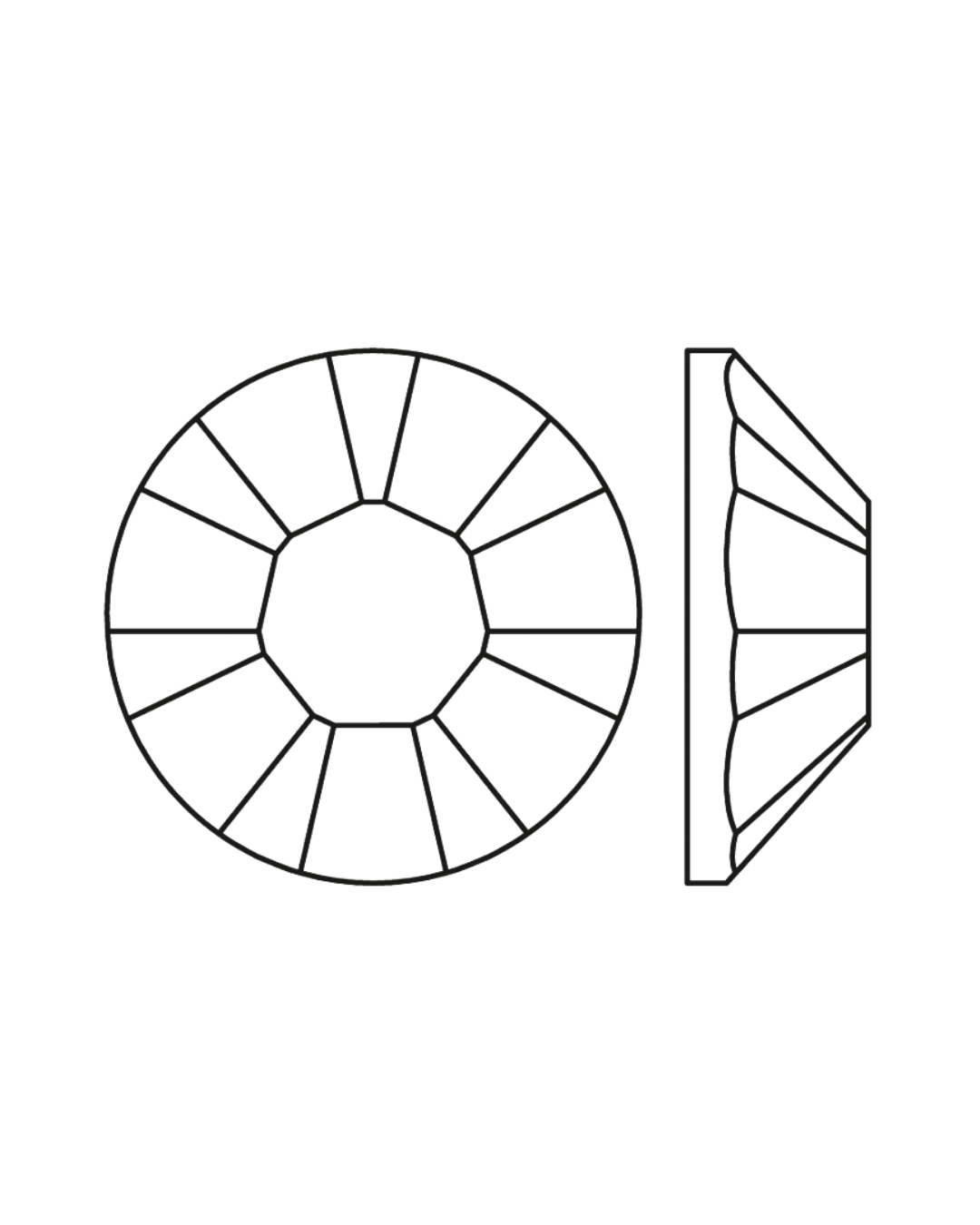 Line drawing of a round, faceted flatback crystal with side and top views