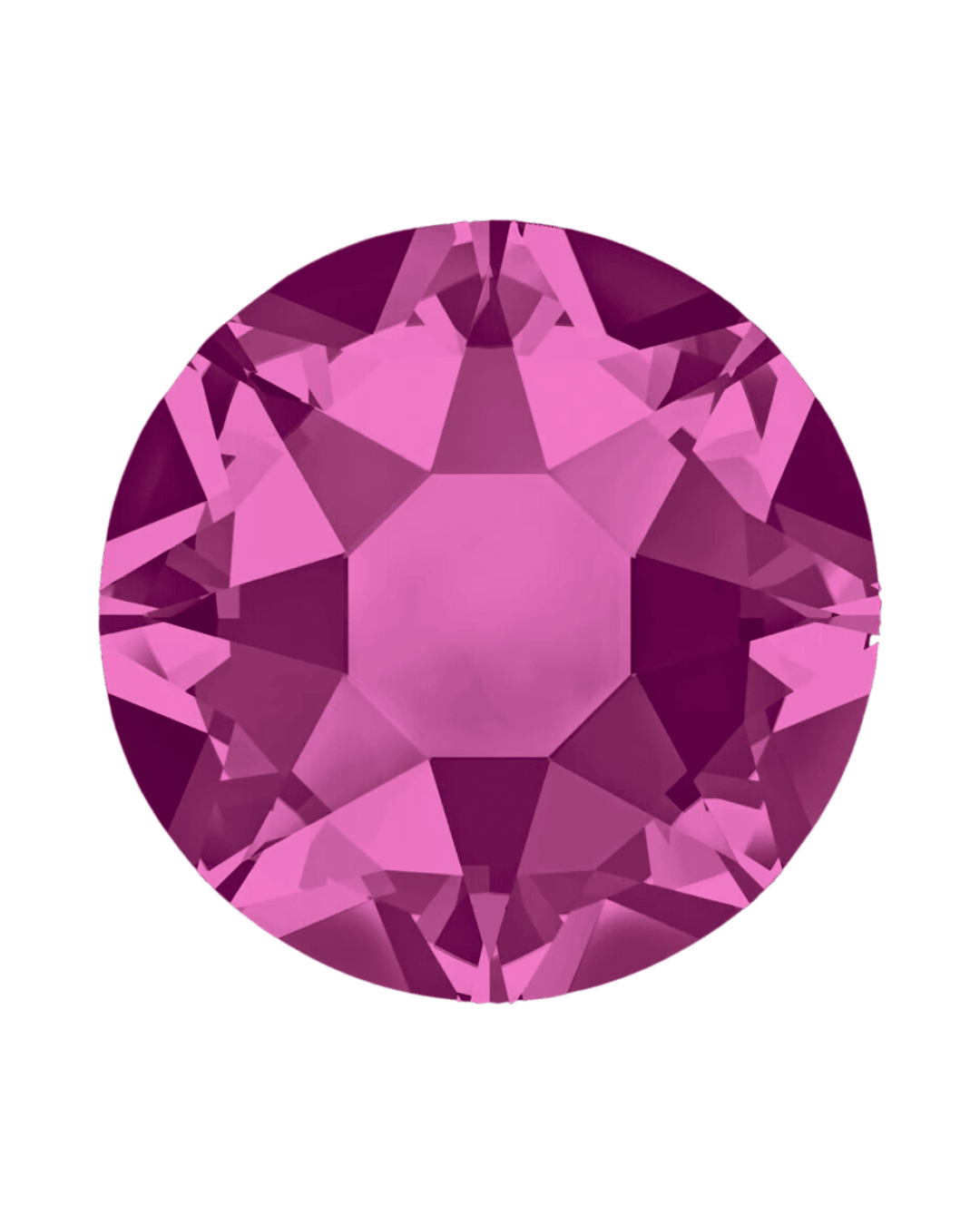 round faceted fuchsia crystal with a flat back on a white background