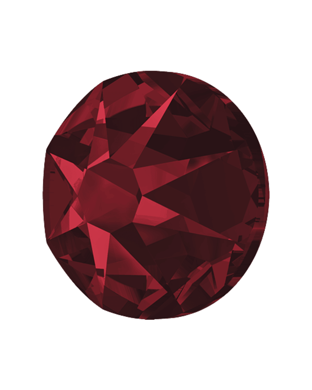 Round red flatback crystal with multiple facets on a white background