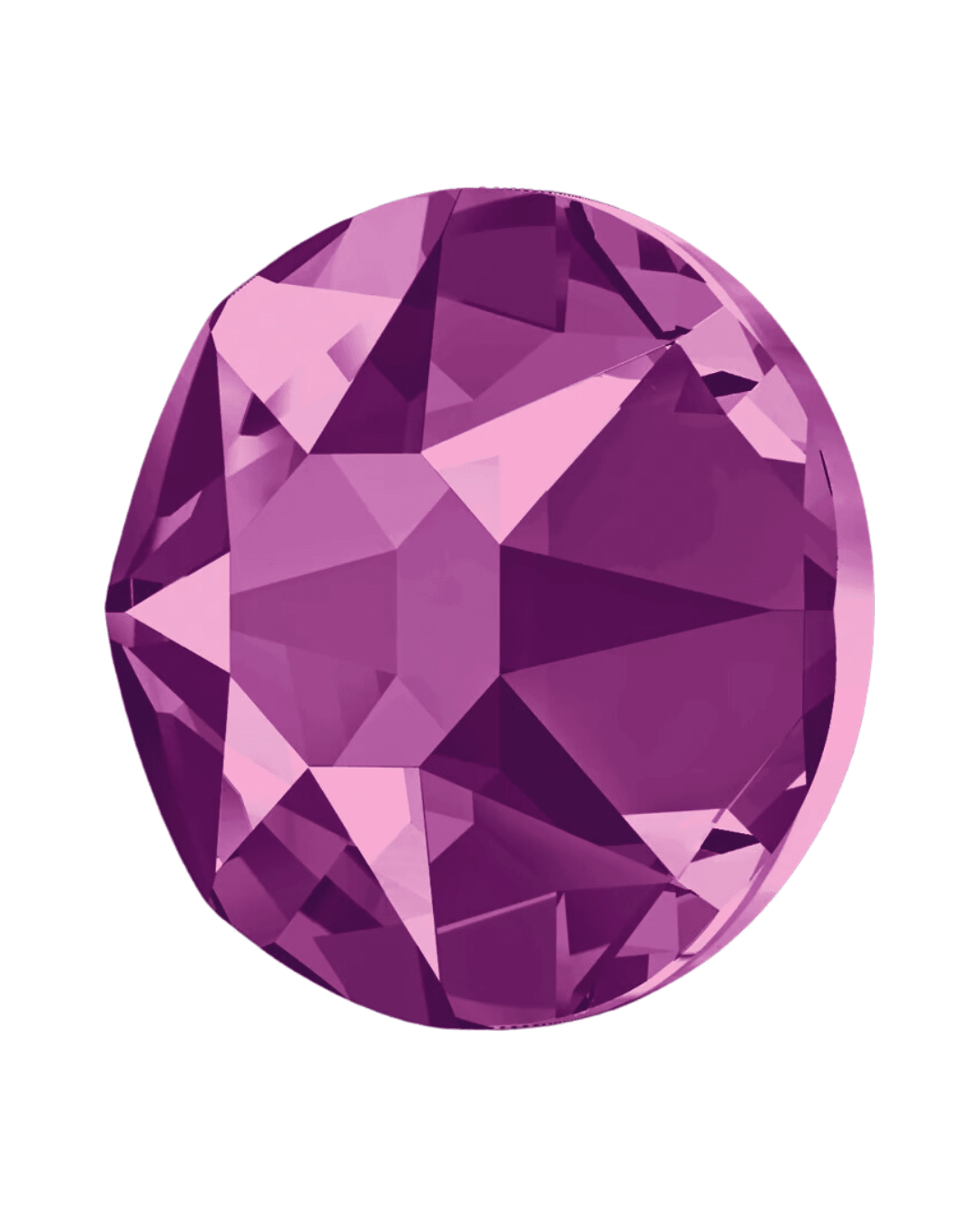 Round purple faceted crystal with a flat back on a white background