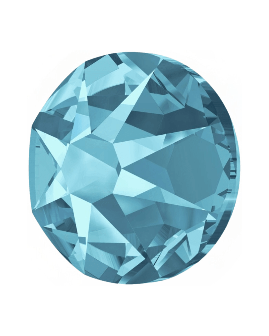 Round aquamarine blue faceted crystal stone on a white background