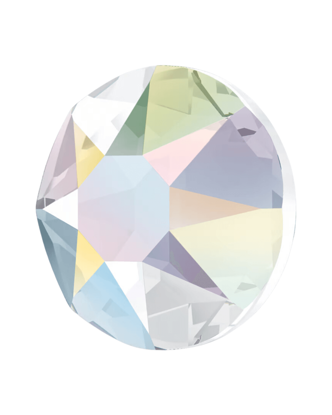 Round iridescent crystal flatback rhinestone with faceted surface on white background