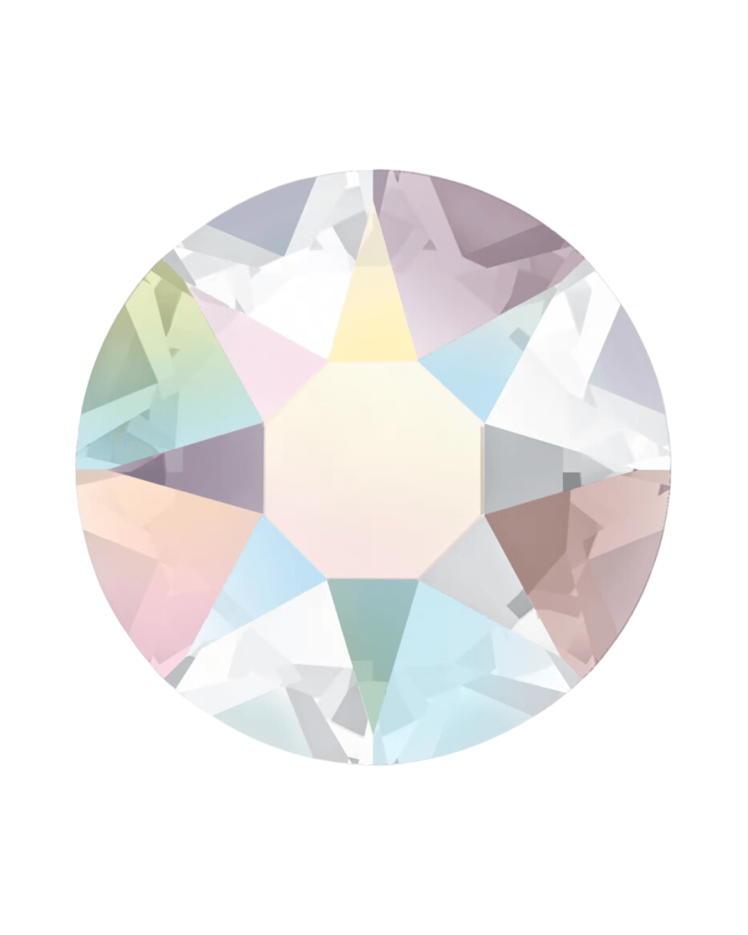 Round, faceted crystal flatback gem with iridescent pastel colors on a white background.