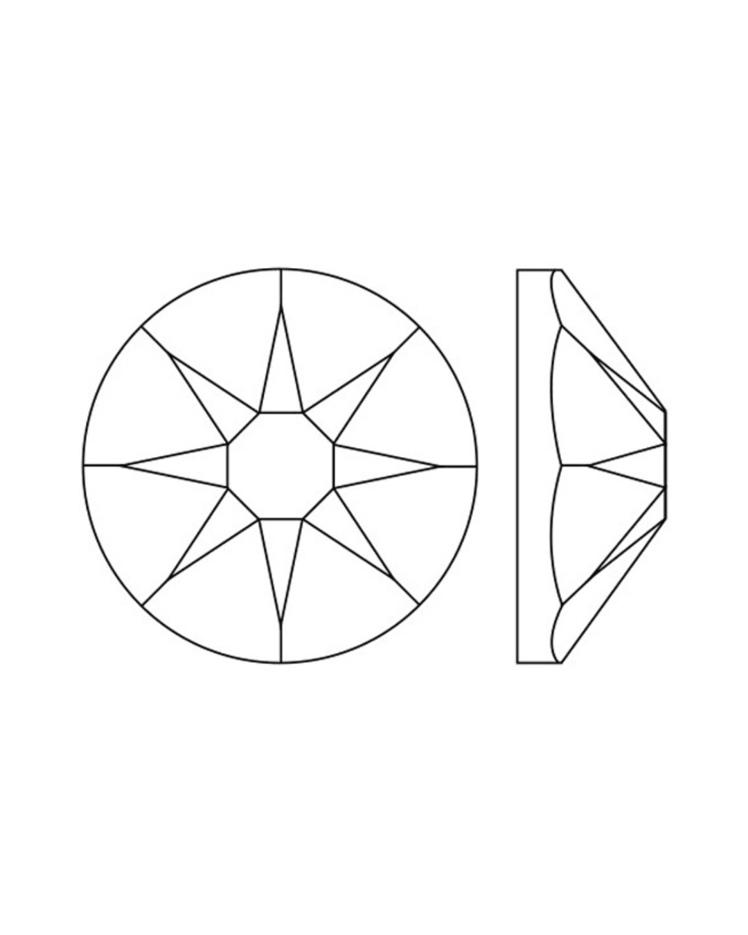 Line drawing of a clear round flatback crystal with faceted edges, shown top and side view