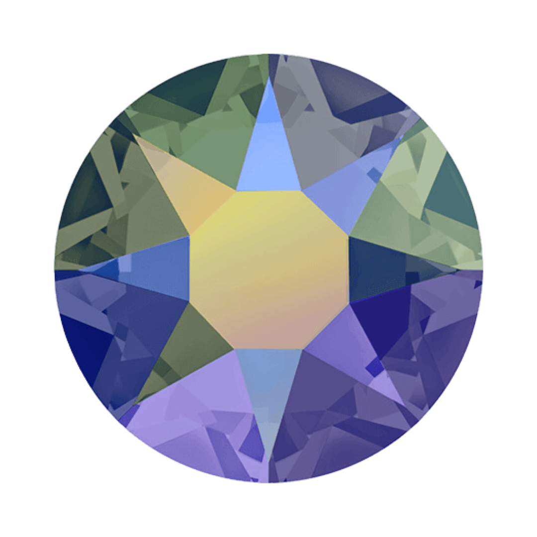 Round multicolor faceted crystal with green, yellow, and purple hues on white background