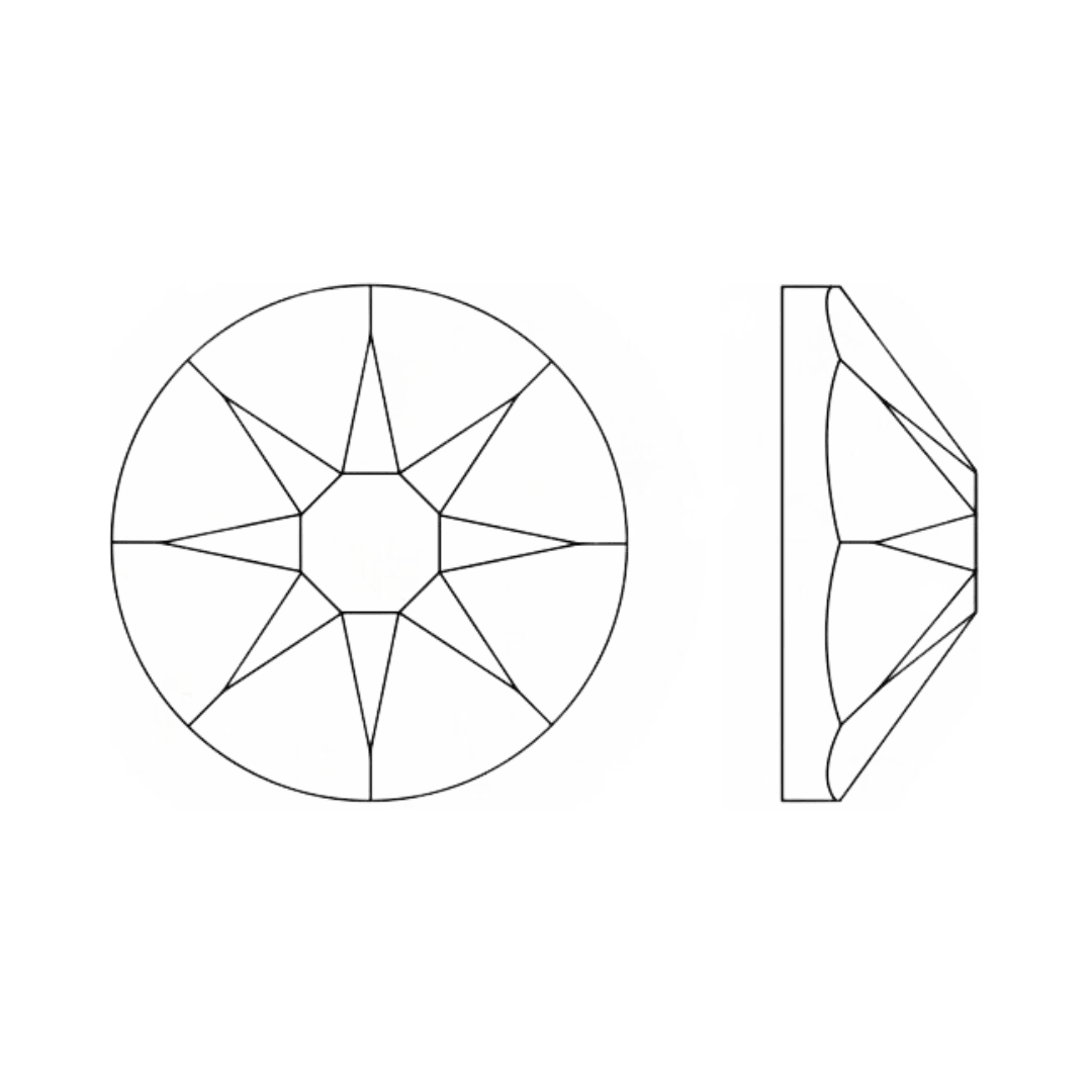 Line drawing showing a round faceted crystal stone in top and side view on a white background.