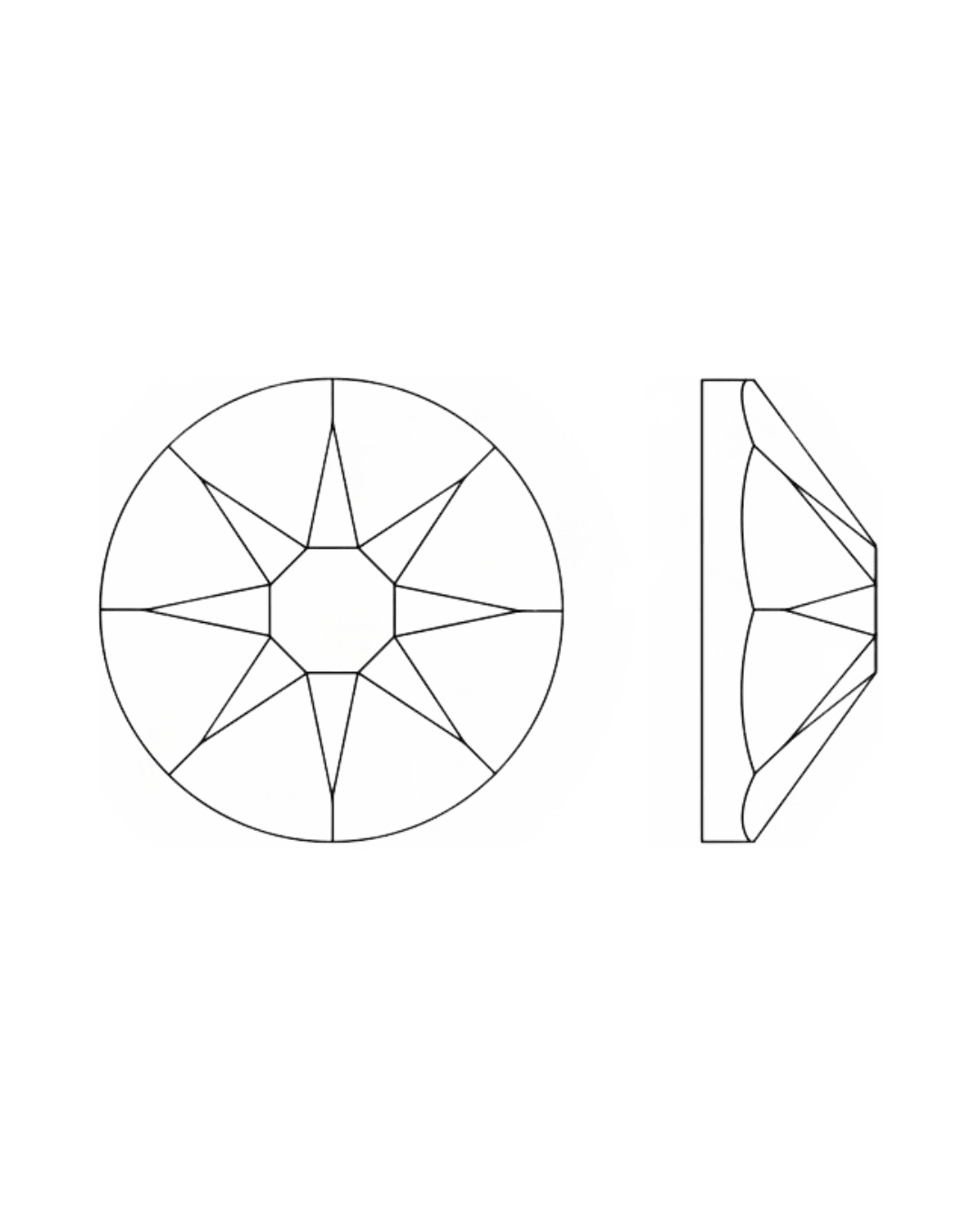 Line drawing of a round faceted crystal with top and side views