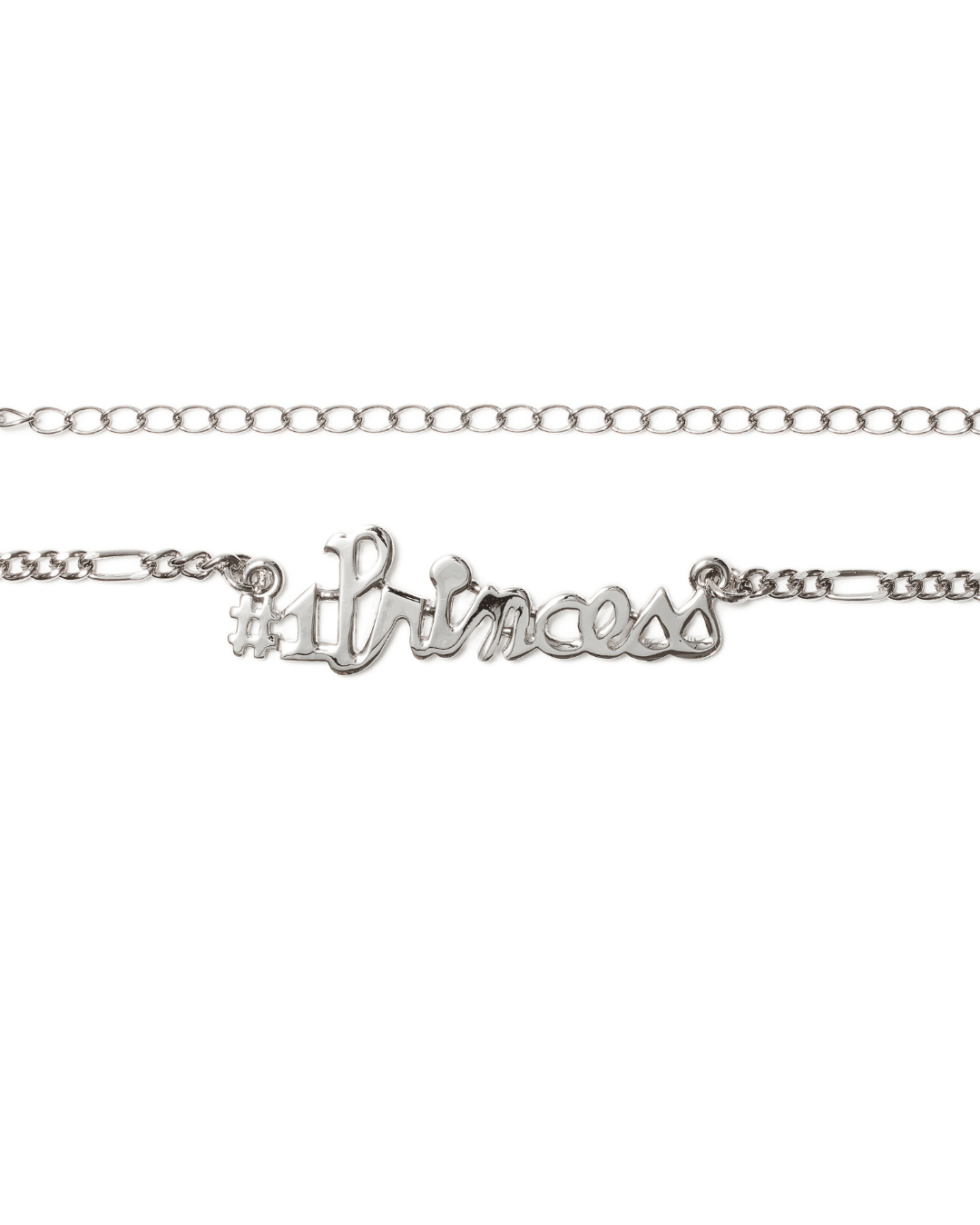 Silver body chain with a #princess script pendant on a white background