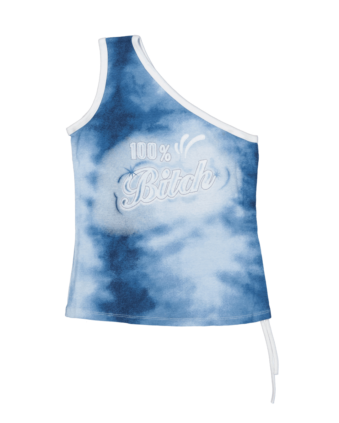 Light blue tie-dye one-shoulder top with white trim and embroidered text on the front