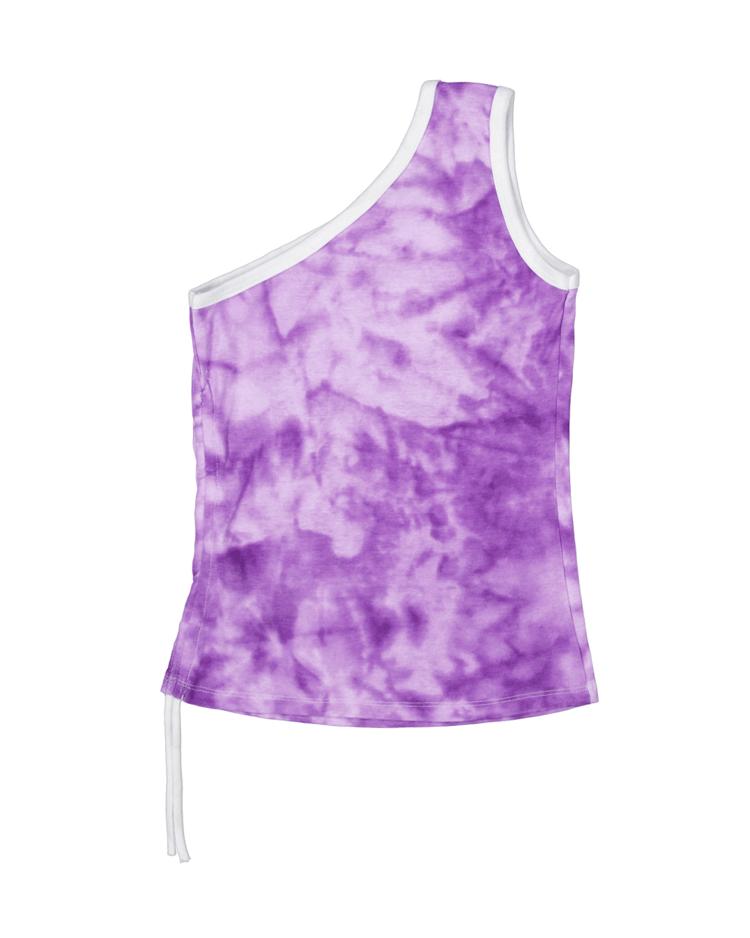Purple tie-dye asymmetrical one-shoulder top with white trim on a white background