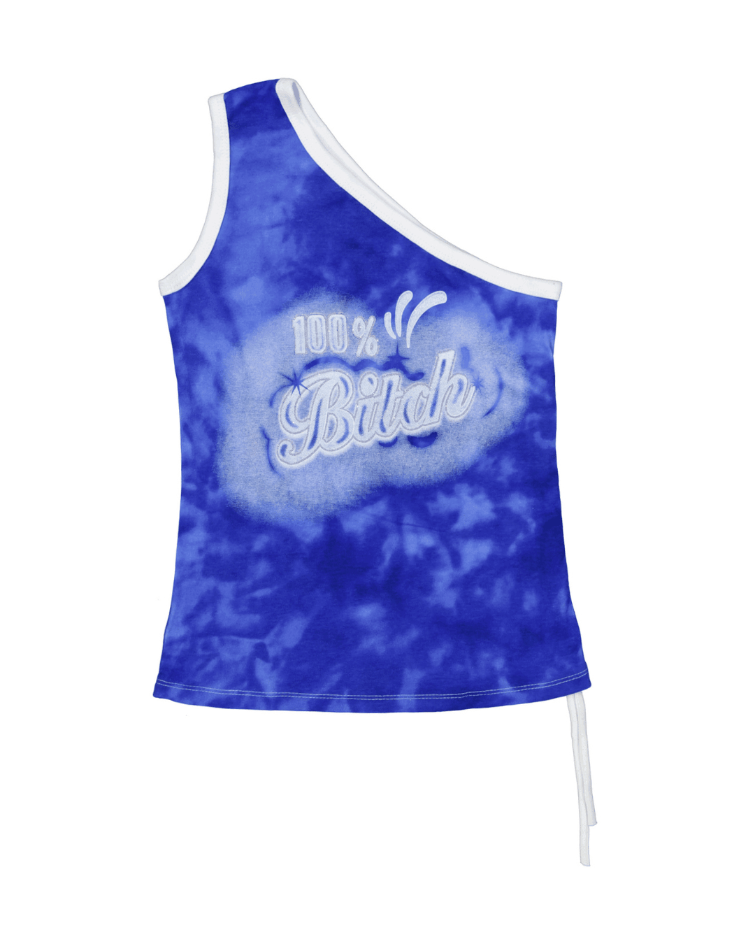 Blue tie-dye asymmetrical one-shoulder top with white trim and printed text design