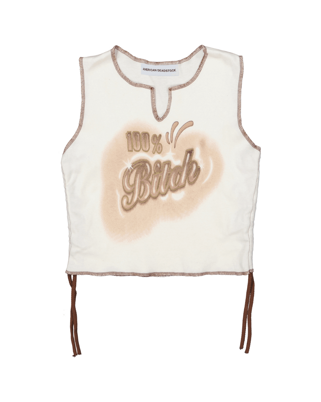Beige sleeveless crop top with brown stitching, text graphic, and tie details on sides