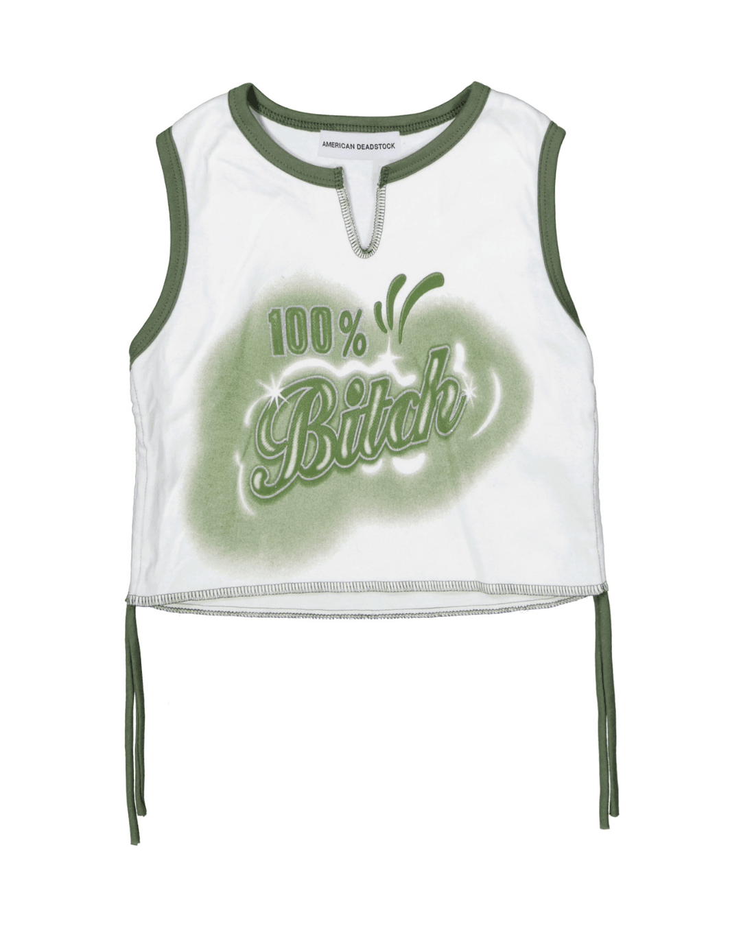 White and green sleeveless crop top with printed graphic text and side ties on white background