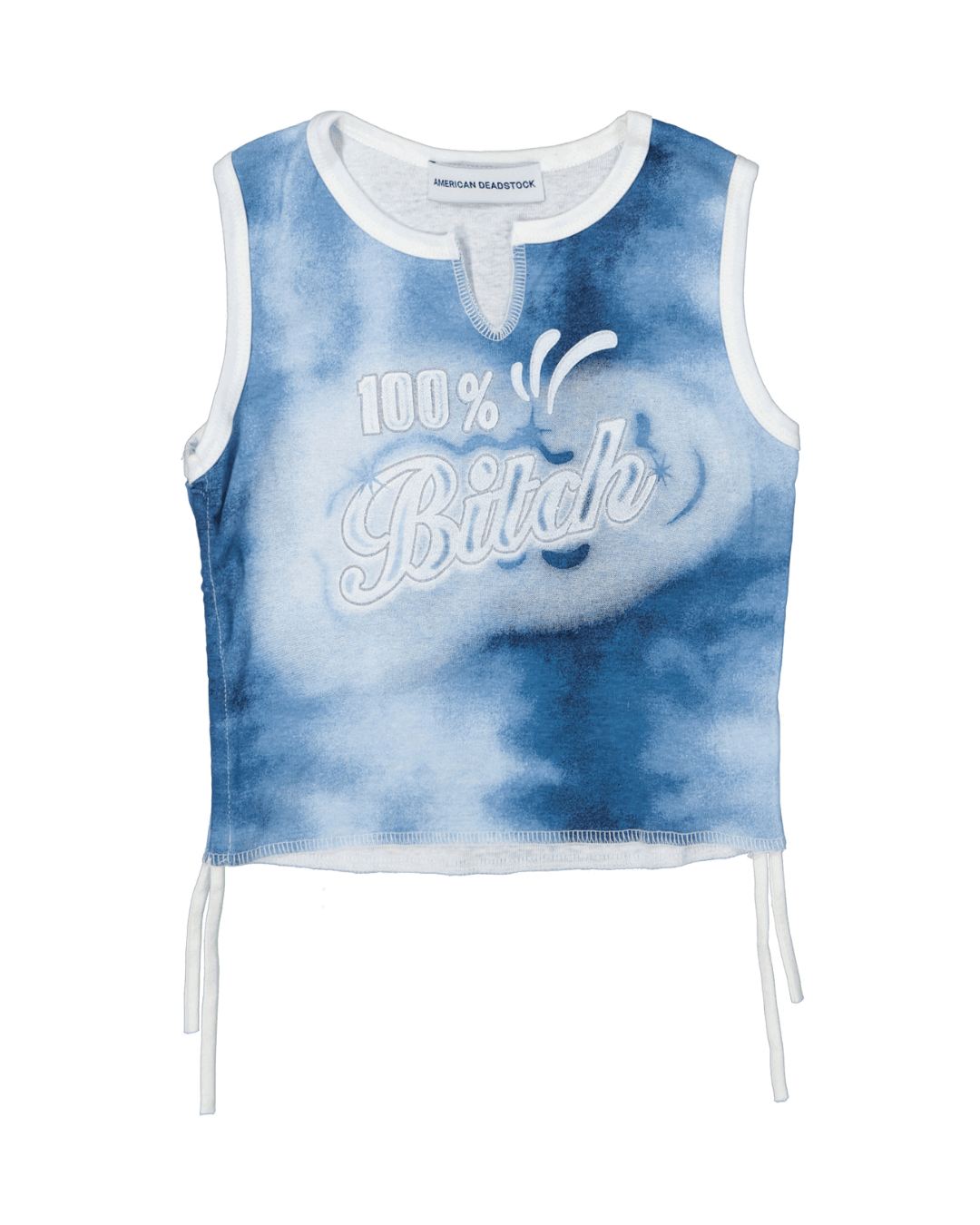 Light blue and white tie-dye crop top with sleeveless cut, front text, and side ties.