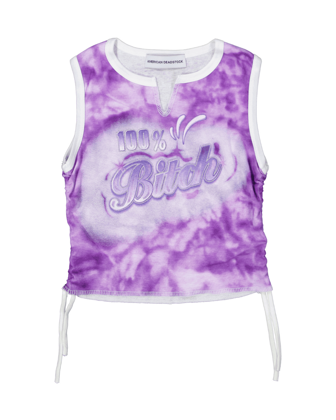 Purple tie-dye crop top with white trim, drawstring sides, and bold text on front