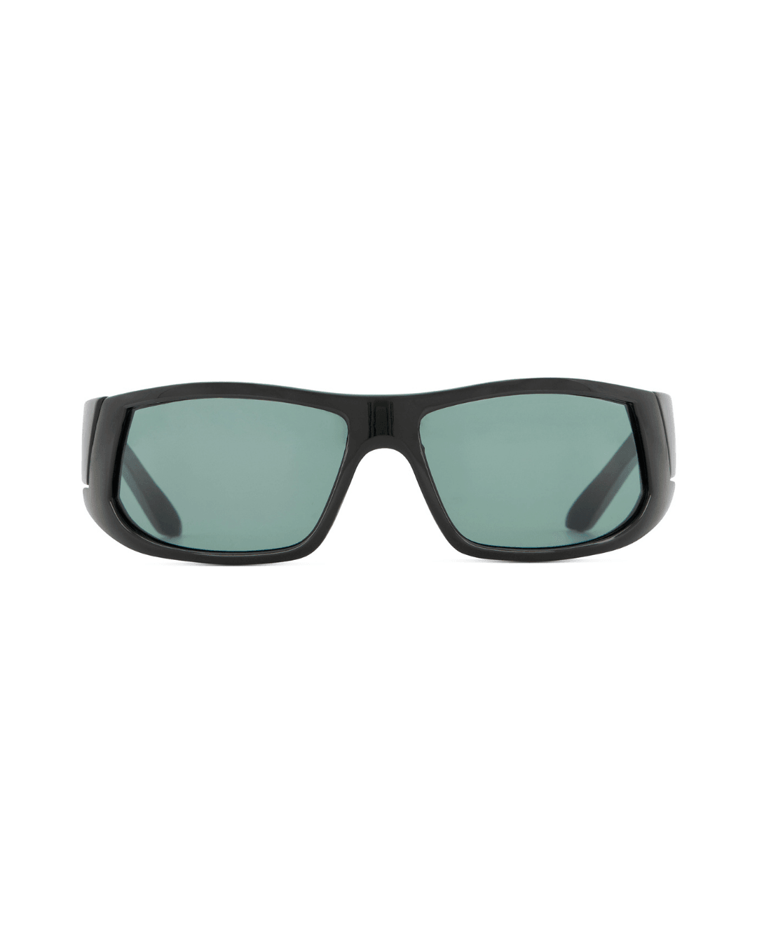 black plastic sport shield sunglasses with dark tinted lenses on a white background
