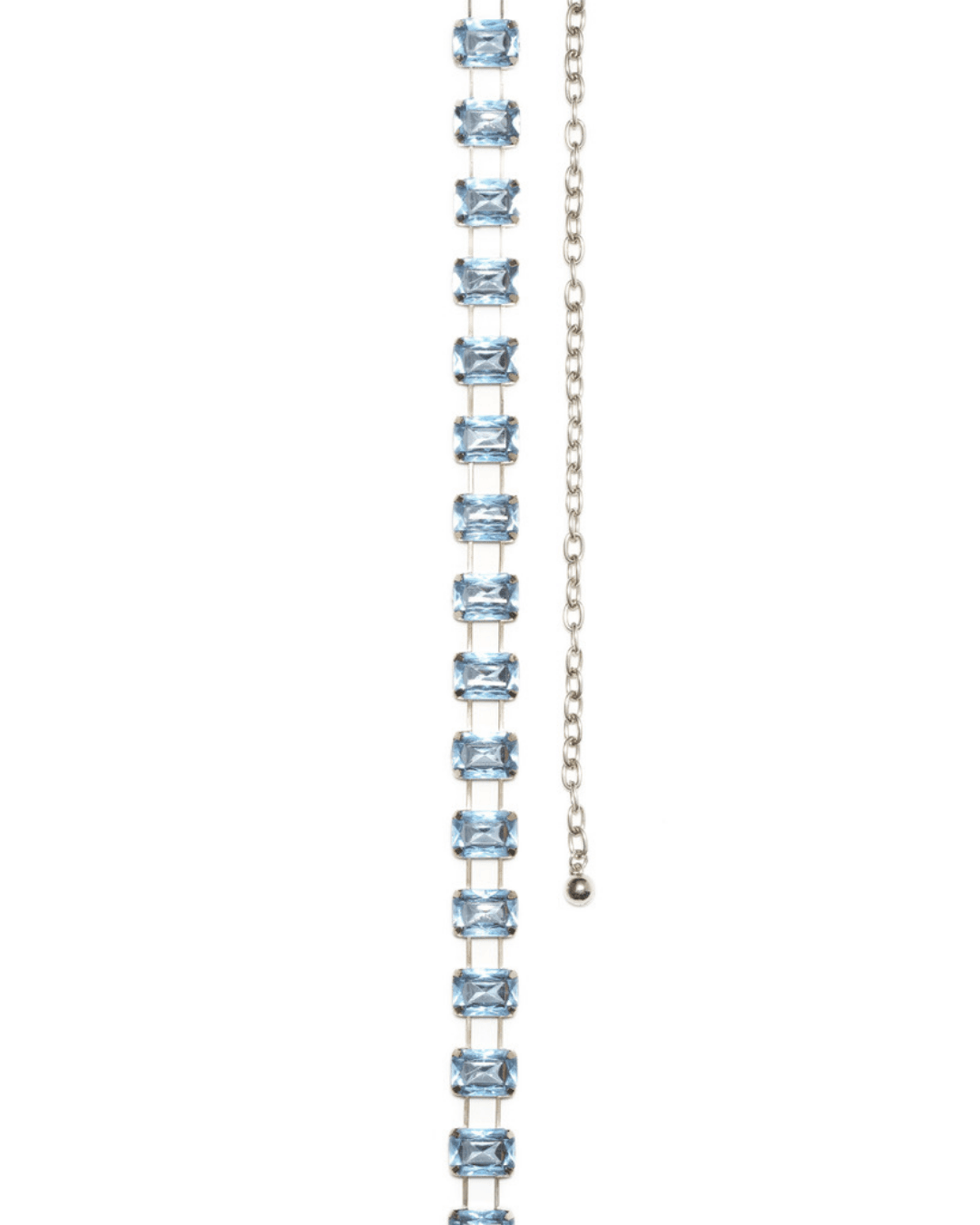 Silver belt with rectangular blue gemstones and chain extender on white background.