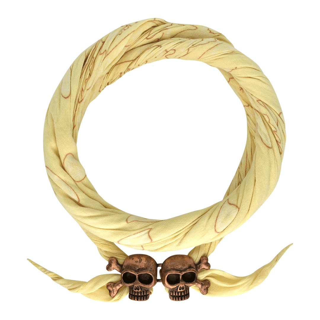 Yellow bandana with brown swirl pattern and two bronze skull embellishments