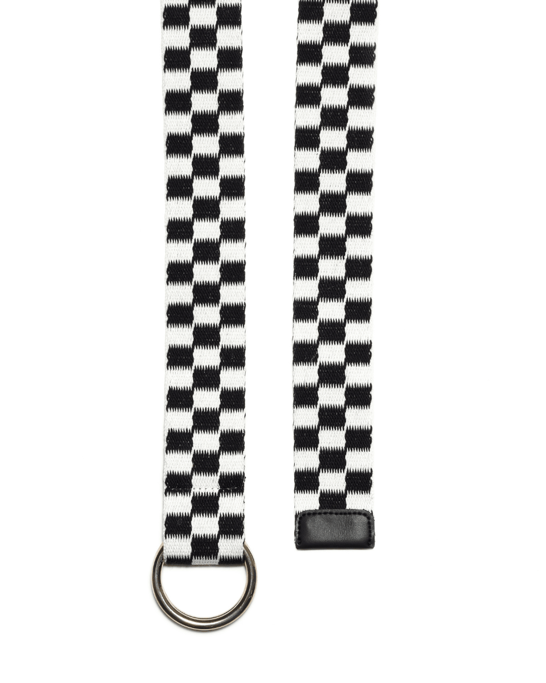 Black and white checkered fabric belt with metal ring buckle on white background