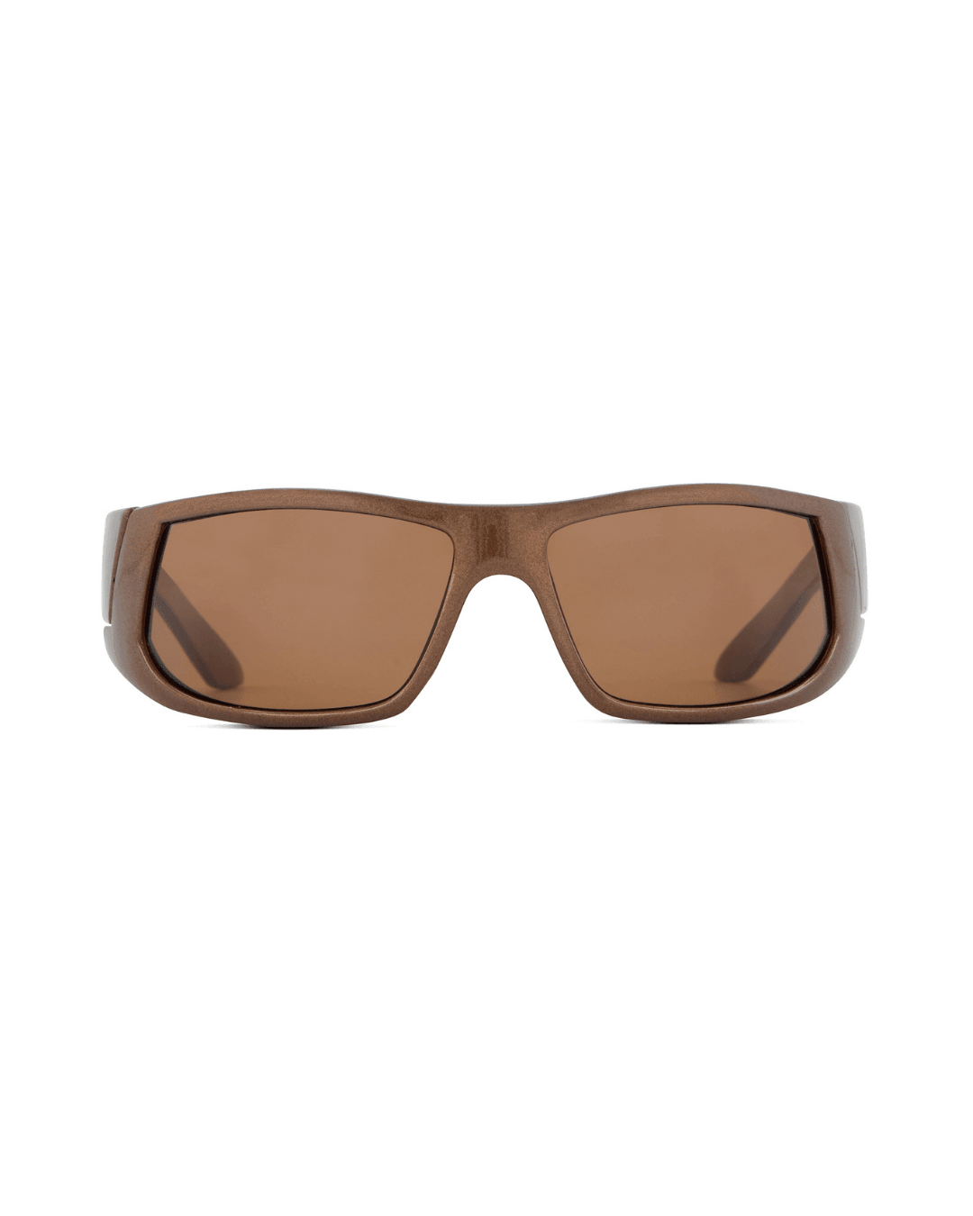 Brown sport shield sunglasses with wide plastic frame and tinted lenses on white background