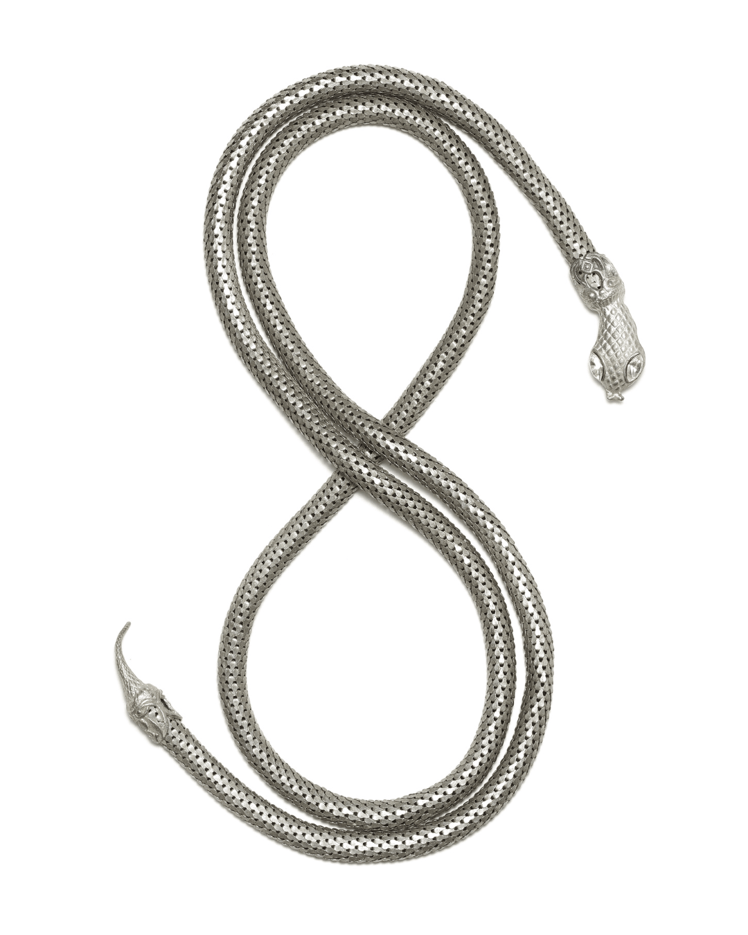 Silver snake chain necklace with textured metal and sculpted snake heads on white background
