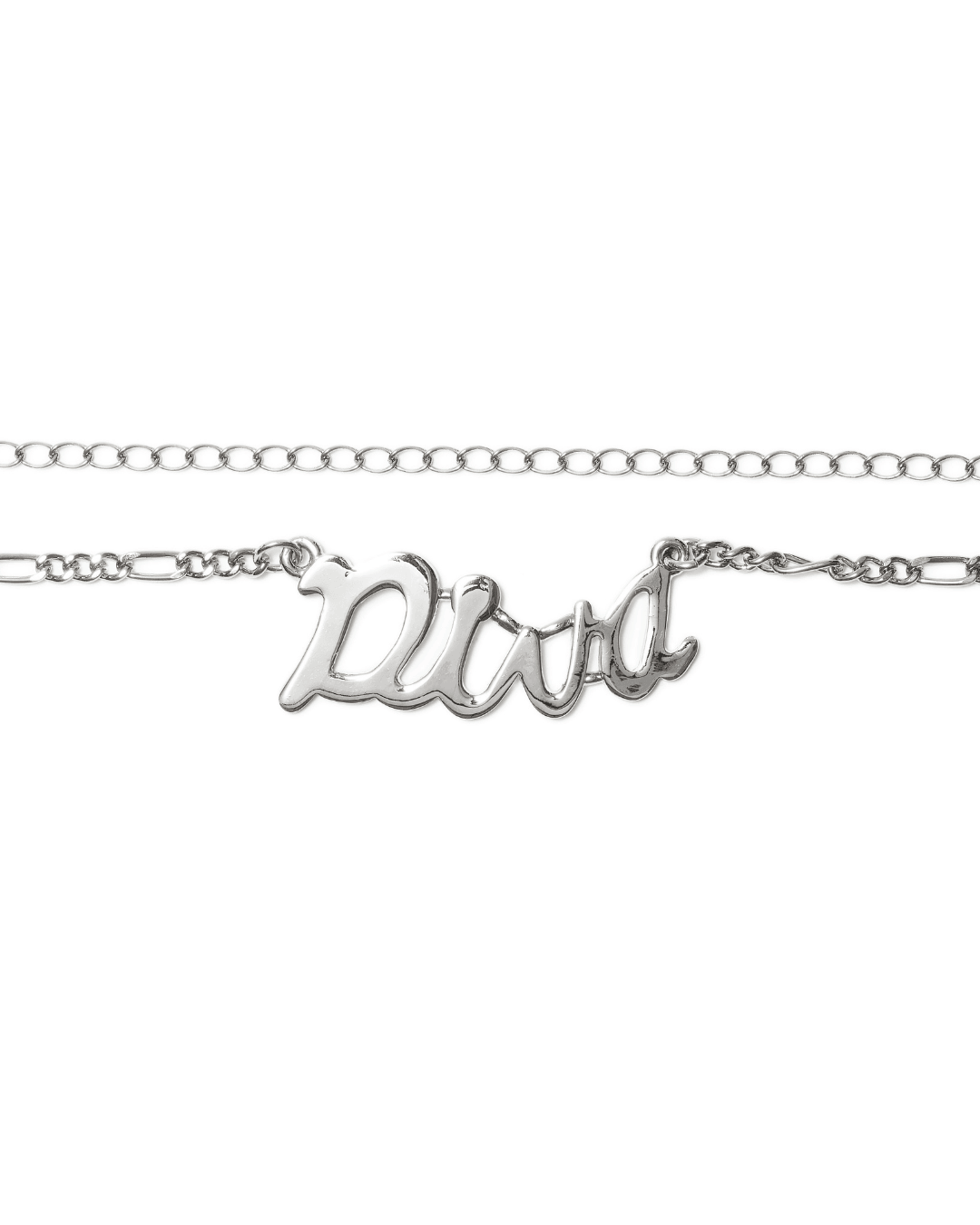 Silver body chain with a script Diva pendant on a white background