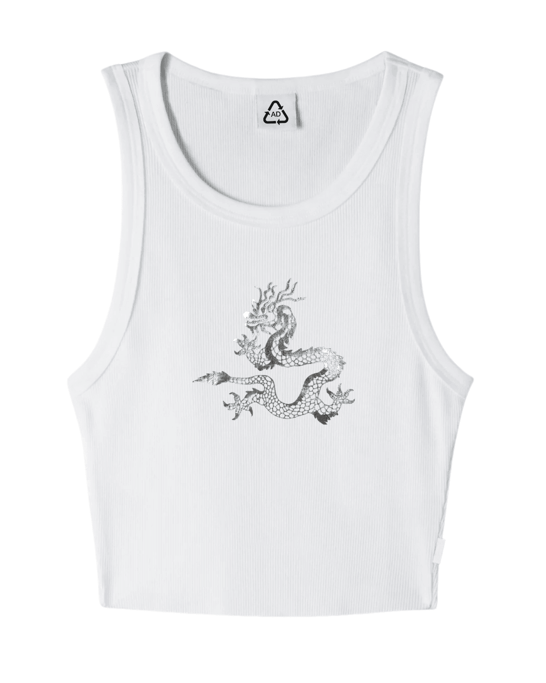 White ribbed tank top with a black dragon graphic on the front
