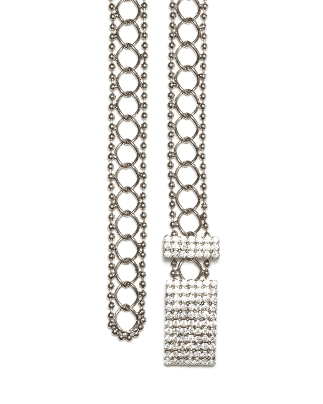 Silver chain belt with large open links and a rectangular rhinestone buckle on white background