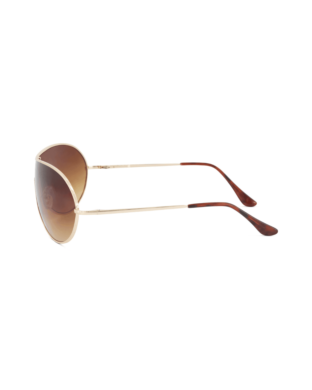 Gold rim aviator sunglasses with brown gradient lenses and tortoiseshell arms on white background