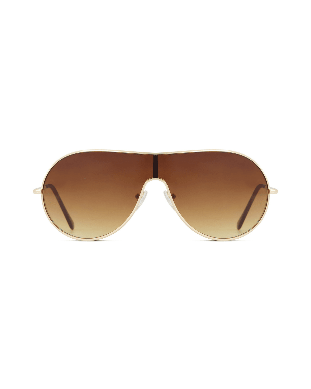 Gold rim aviator sunglasses with brown gradient lenses on a white background
