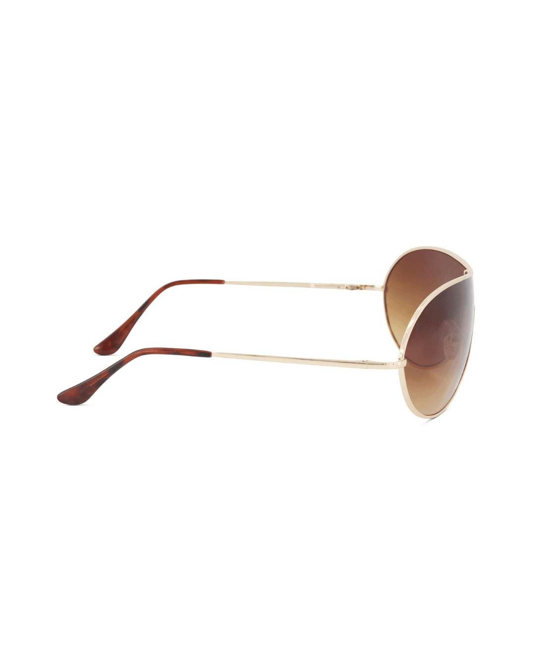 Gold rim aviator sunglasses with brown gradient lenses and tortoiseshell arms on white background