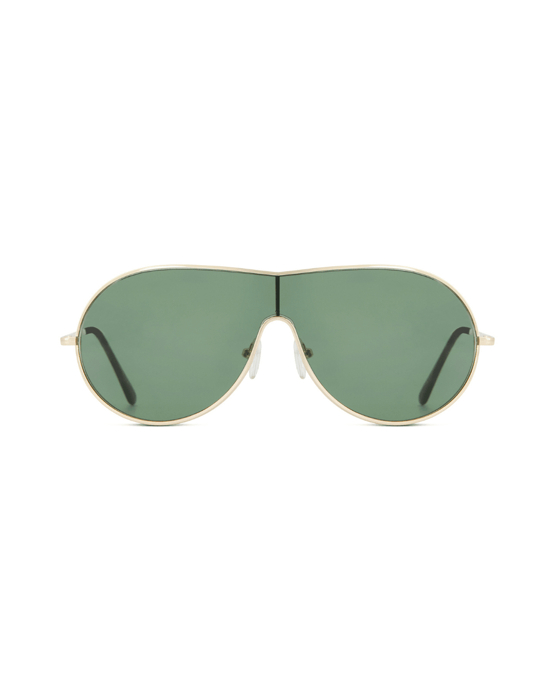 Gold rim aviator sunglasses with green polarized lenses on a white background