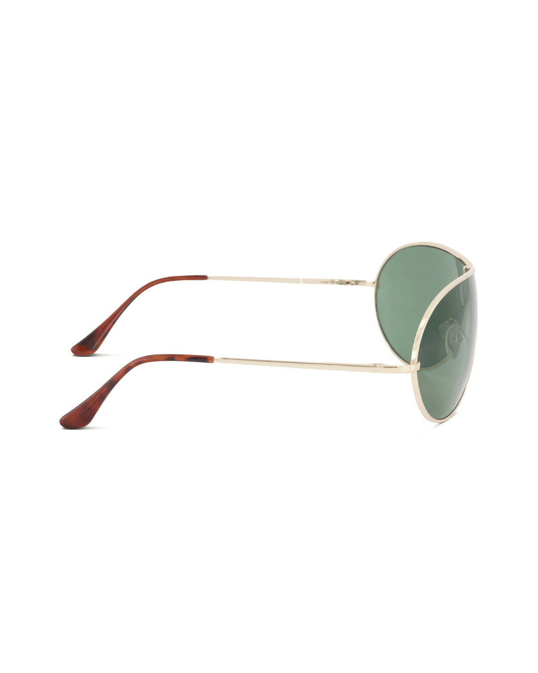 Gold rim aviator sunglasses with green lenses and brown tortoiseshell arms on white background