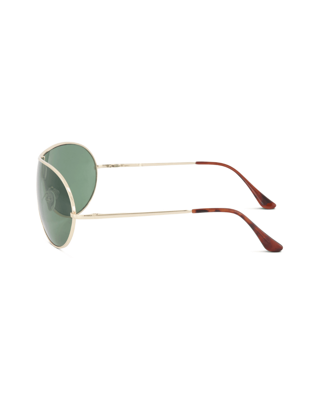 Side view of aviator sunglasses with gold metal frame, green lenses, and brown plastic arms on white background.