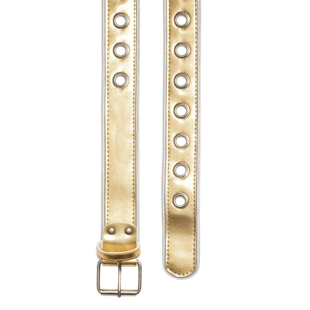 Gold metallic belt with silver grommets and square buckle on white background