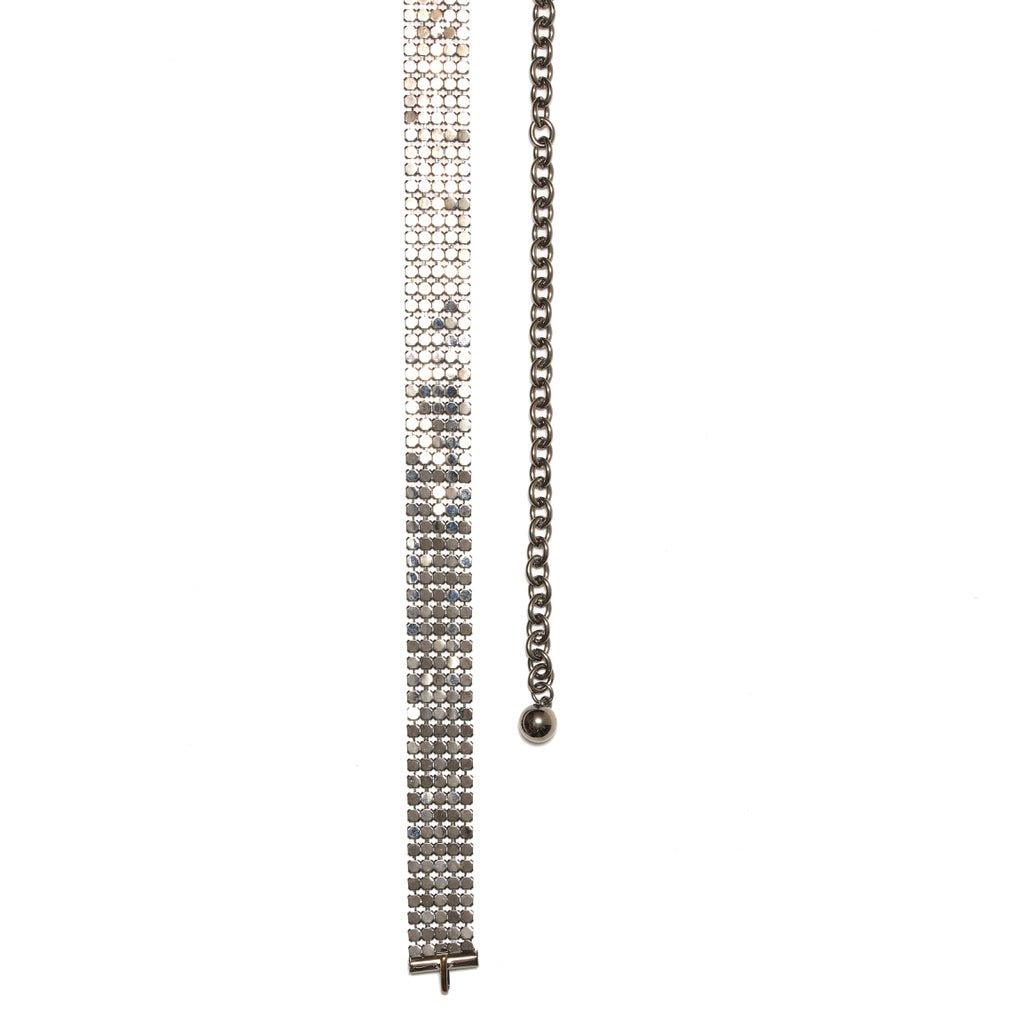 Gray chainmail belt with metallic links and chain extension on white background.
