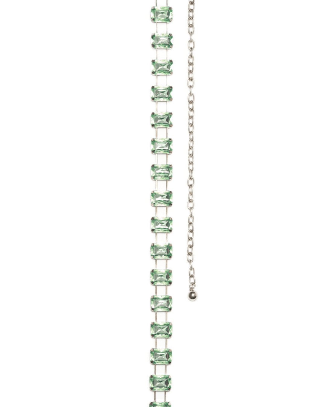 silver belt with rectangular green gems and adjustable chain on white background